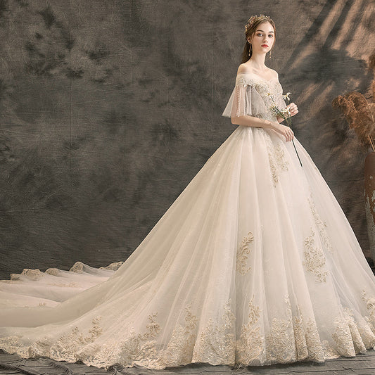 Nine Seven Off Shoulder Pearls Floral Appliques Short Sleeves A-Line Bridal Wedding Dress