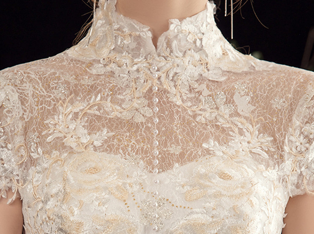 Nine Seven Pearls Floral Appliques Short Sleeves A-Line Scoop Back Embroidery Wedding Dress