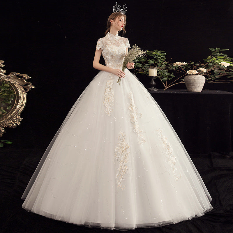 Nine Seven Pearls Floral Appliques Short Sleeves A-Line Scoop Back Embroidery Wedding Dress