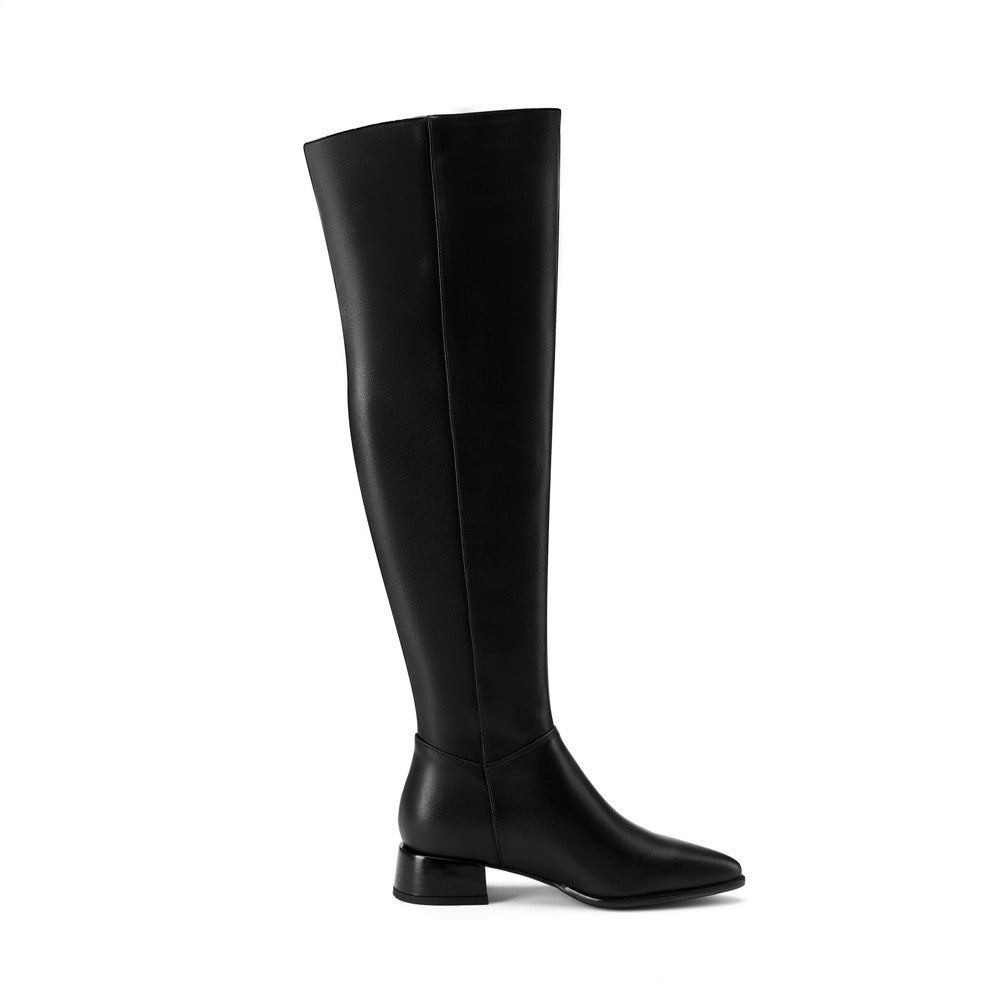 Nine Seven Women's Genuine Leather Handmade Pointed Toe Side Zip Low Chunky Heel Chic Plus-size Customized Circumference Over Knee Boots