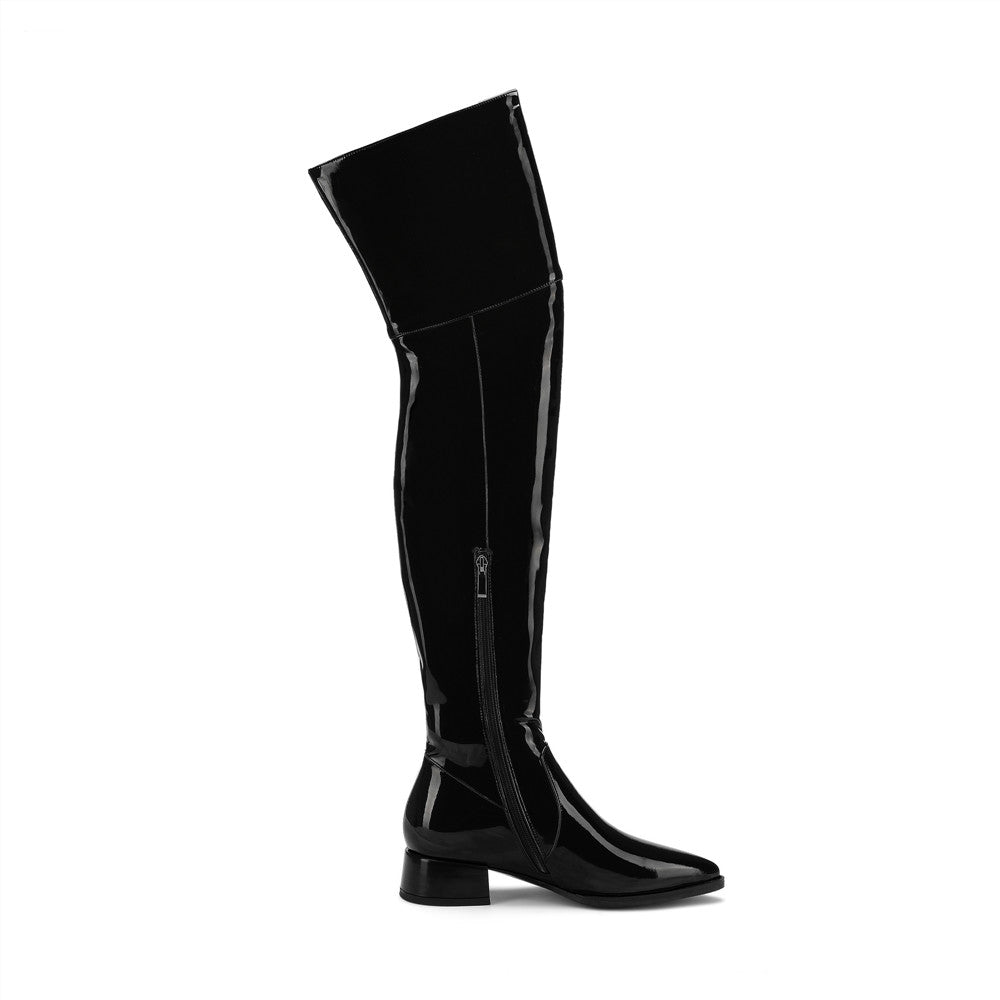 Nine Seven Women's Glossy Patent Leather Handmade Pointed Toe Half Side Zip Low Chunky Heel Stylish Plus-size Customized Circumference Over Knee Boots