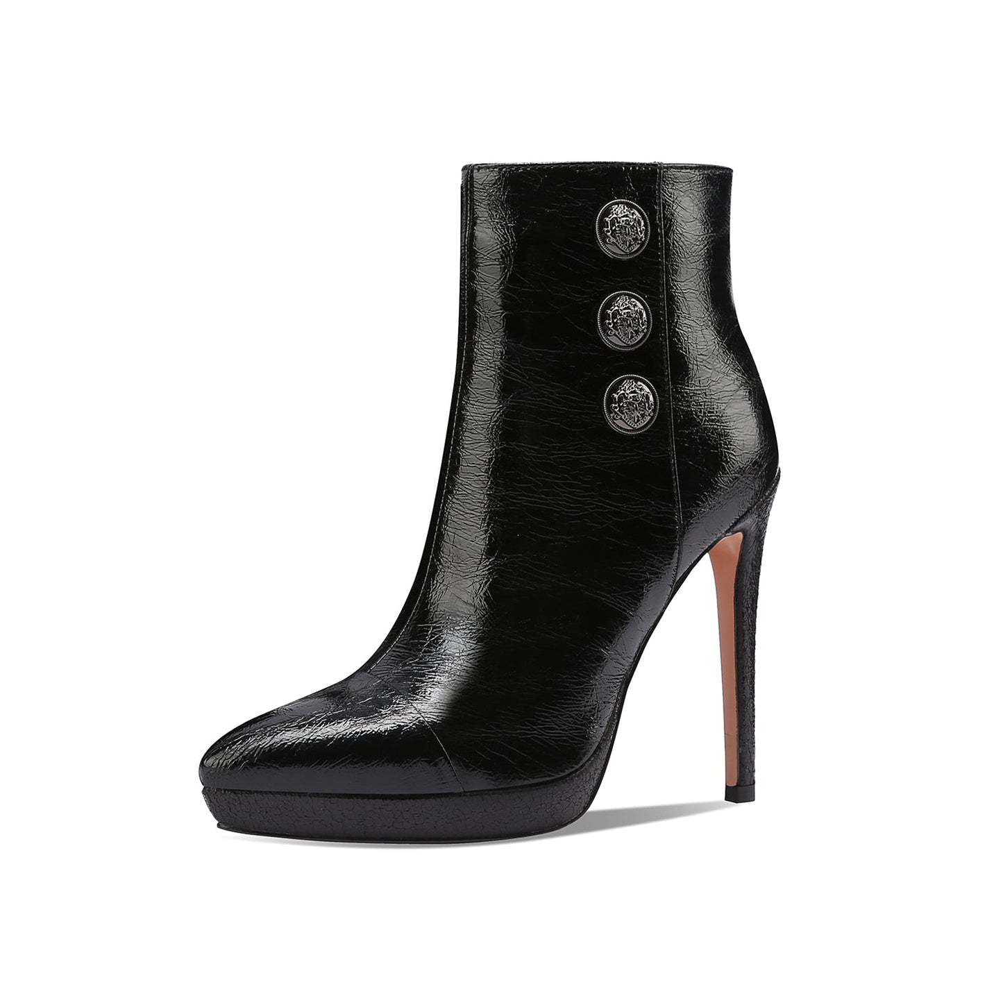 Nine Seven Handmade Women's Genuime Leather Platform Metal Décor Buttons Printed Side Zipper Pointed Toe High Stiletto Heel Ankle Boots