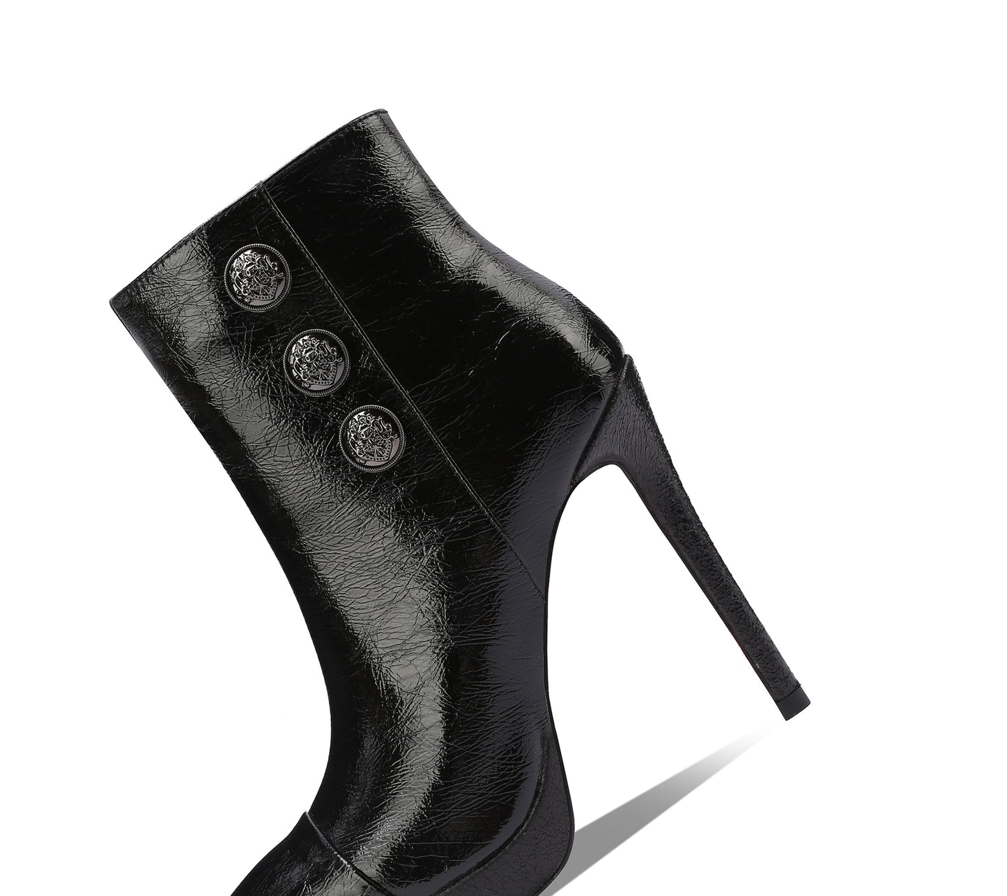 Nine Seven Handmade Women's Genuime Leather Platform Metal Décor Buttons Printed Side Zipper Pointed Toe High Stiletto Heel Ankle Boots