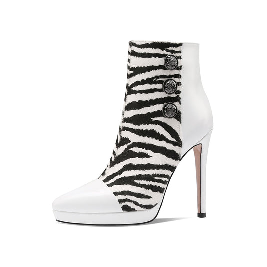 Nine Seven Handmade Women's Genuime Leather Platform Metal Décor Buttons Printed Side Zipper Pointed Toe High Stiletto Heel Ankle Boots