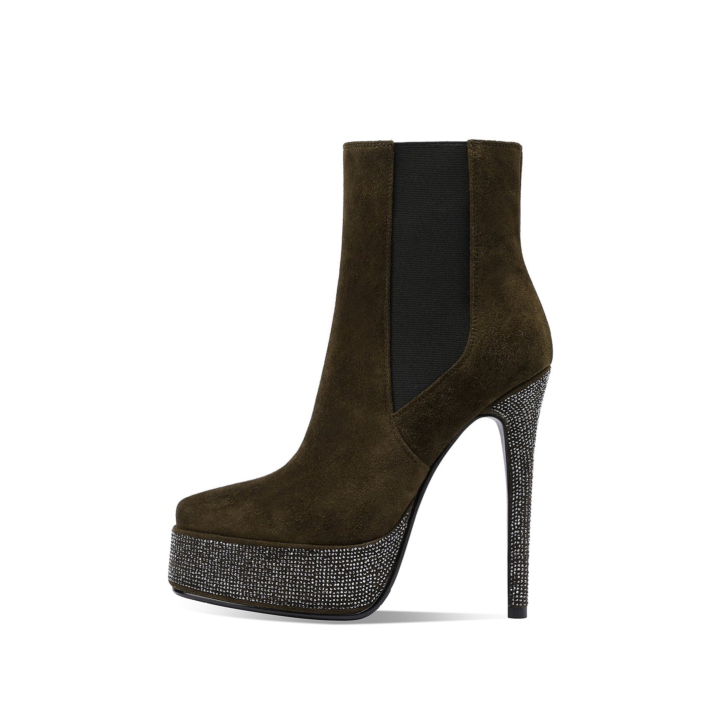 Nine Seven Handmade Women's Suede Leather Rhinestones Platform Pull On Pointed Toe High Stiletto Heel Ankle Boots