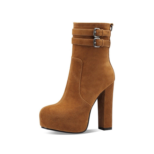 Nine Seven Handmade Women's Suede Leather Side Zip Double Ankle Strap Round Toe Sexy High Heel Platform Boots