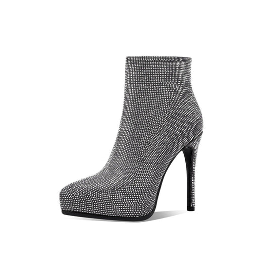 Nine Seven Handmade Women's Genuine Leather Glittering Rhinestones Platform Side Zipper Pointed Toe High Stiletto Heel Ankle Boots