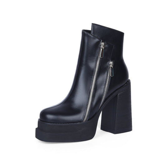 Nine Seven Handmade Women's Genuine Leather Stylish Side Zipper Platform Square Toe Mid High Heel Ankle Boots Shoes
