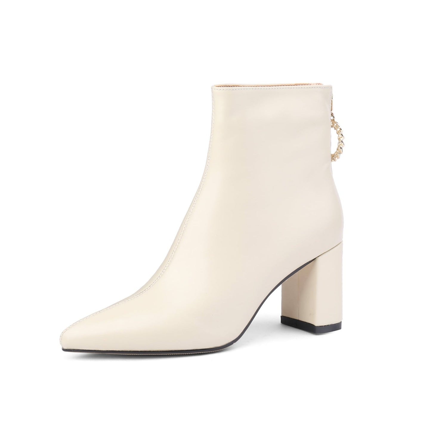 Nine Seven Genuine Leather Women's Handmade Pointed Toe Chunky Heel Ring Shapped Zipper Ankle Boots