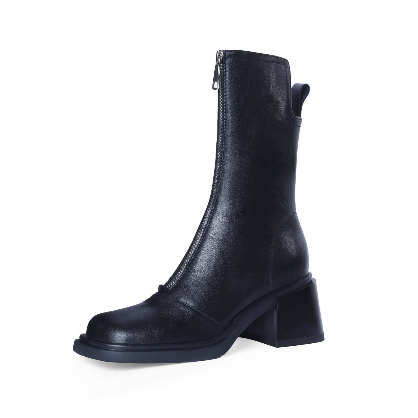 Nine Seven Handmade Women's Genuine Leather Front Zipper Square Toe Mid Chunky Heel Ankle Boots Shoes