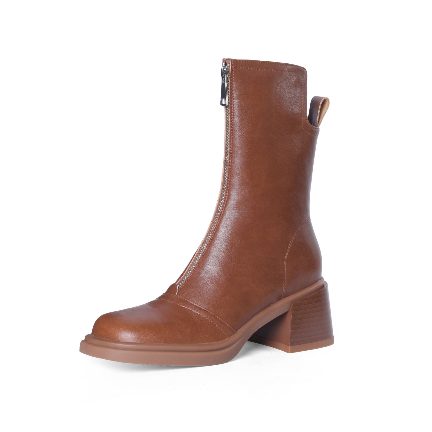 Nine Seven Handmade Women's Genuine Leather Front Zipper Square Toe Mid Chunky Heel Ankle Boots Shoes