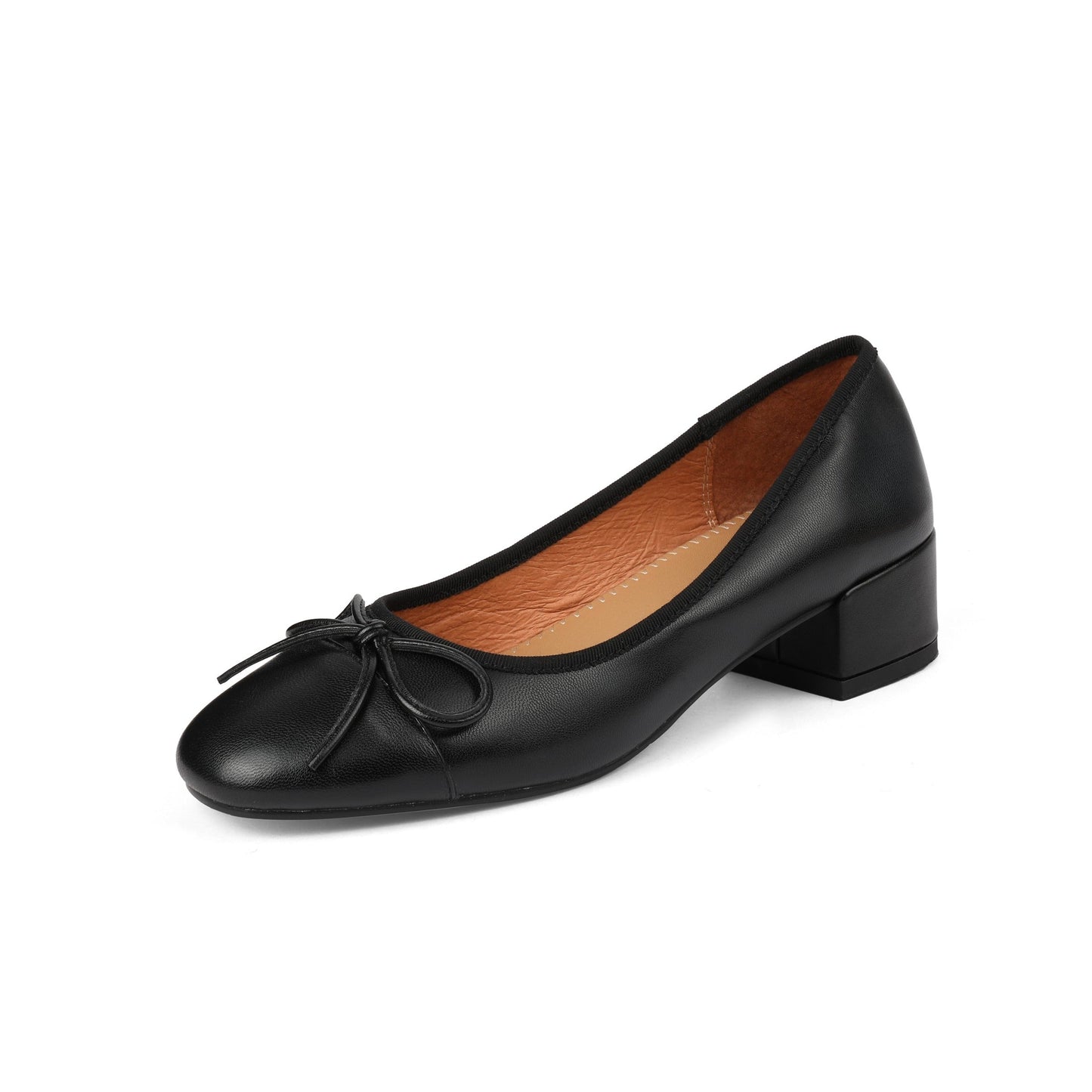 Nine Seven Women's Genuine Leather Handmade Cute Bow Knot Slip On Round Toe Low Chunky Heel Ballet Pumps