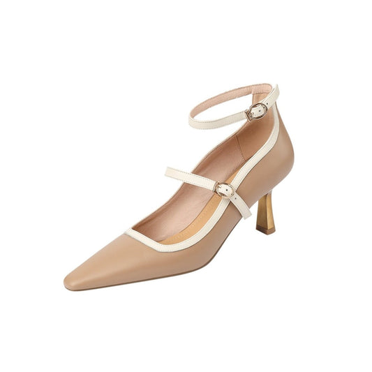 Nine Seven Women's Pointed Toe Genuine Leather Handmade Buckles Stiletto Mid Heel Retro Pumps Shoes