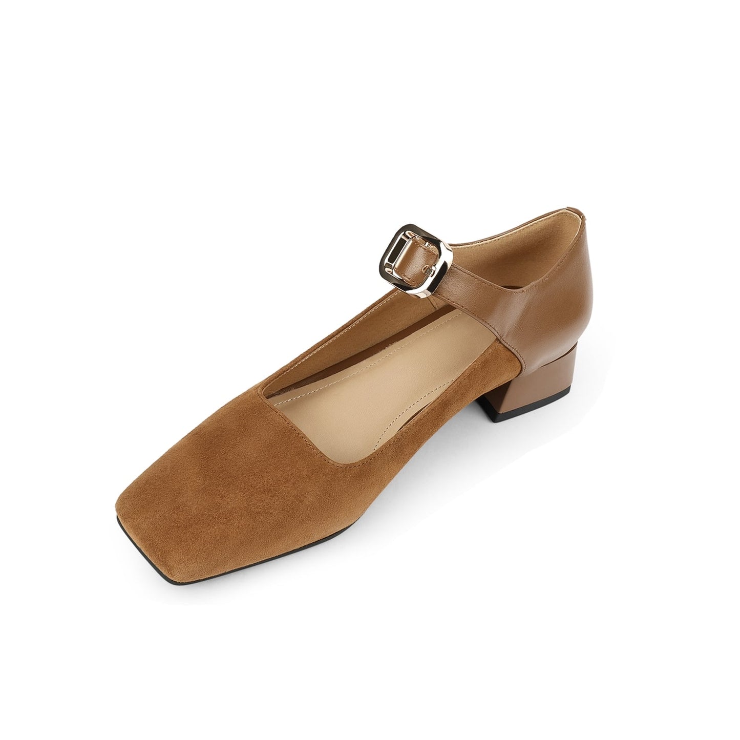 Nine Seven Women's Square Toe Genuine & Suede Leather Handmade Buckle Belt Low Chunky Heels Vintage Pumps Shoes