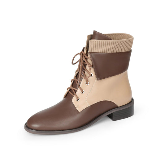 Nine Seven Handmade Women's Genuine Suede Leather Stitching Color Woolen Front Lace Up Round Toe Low Chunky Heel Ankle Boots