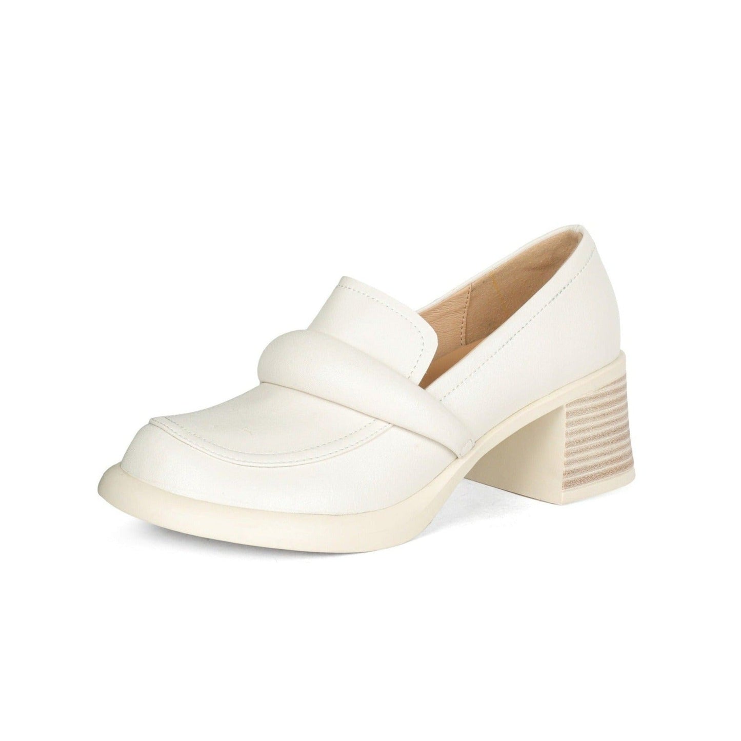 Nine Seven Handmade Women's Genuine Leather Slip On Round Toe Mid Chunky Heel Casual Loafer Pumps Shoes