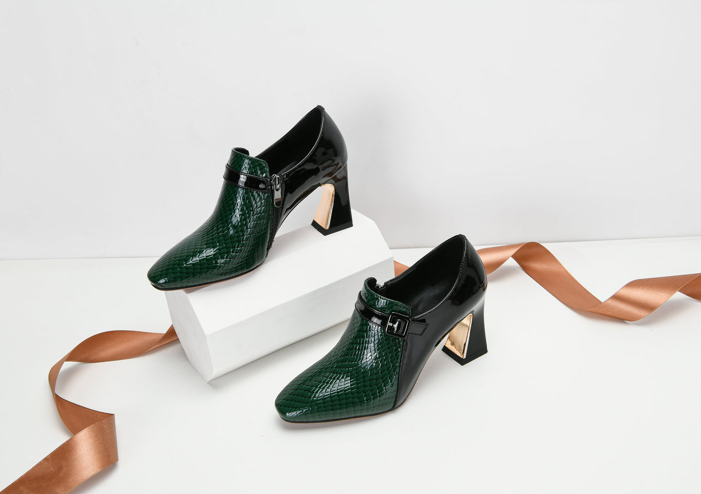 Nine Seven Women's Genuine Leather Round Toe Handmade Buckle Side Zipper Multi-Colored Mid Chunky Heel Stylish Pumps Shoes