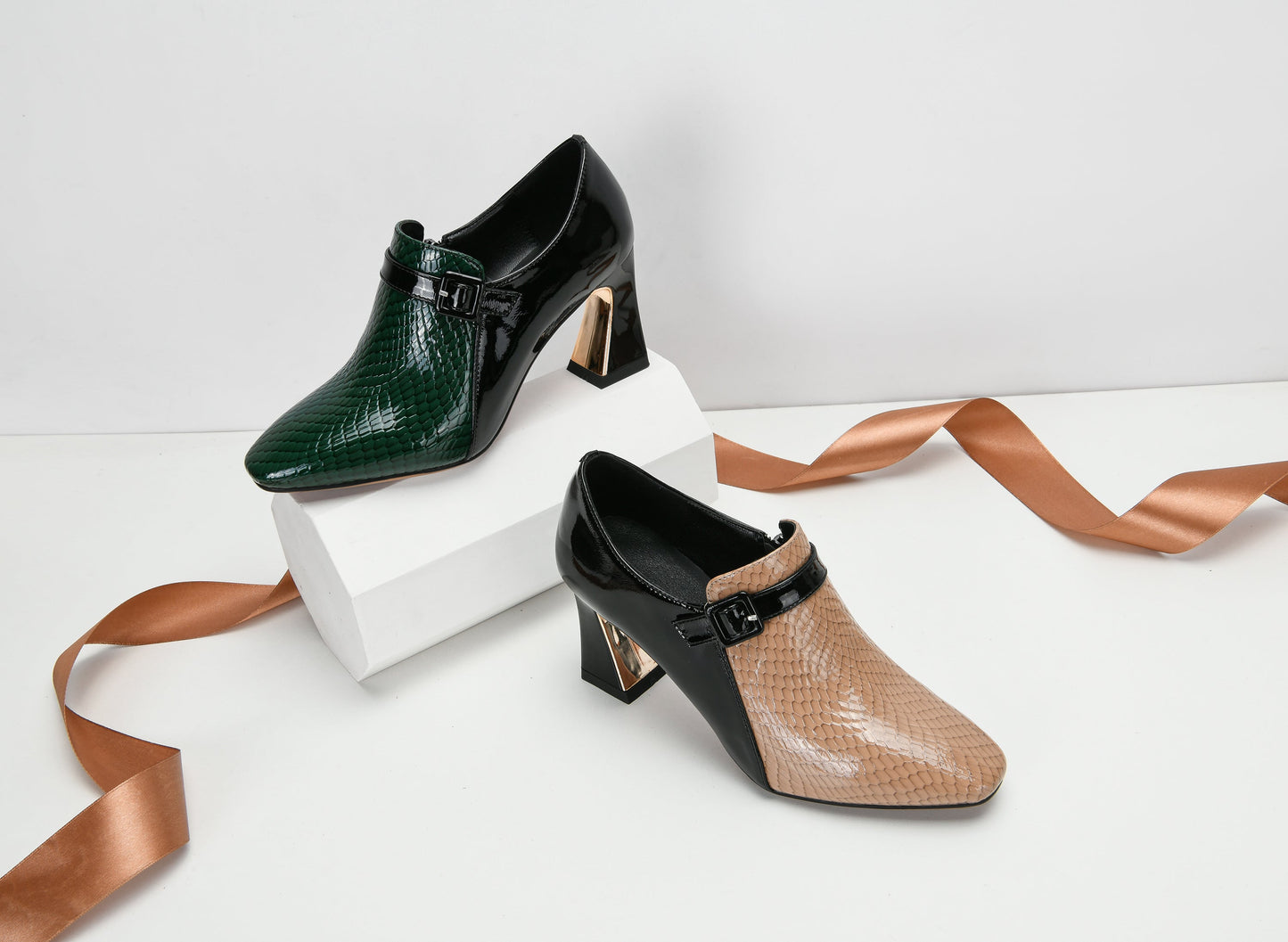 Nine Seven Women's Genuine Leather Round Toe Handmade Buckle Side Zipper Multi-Colored Mid Chunky Heel Stylish Pumps Shoes