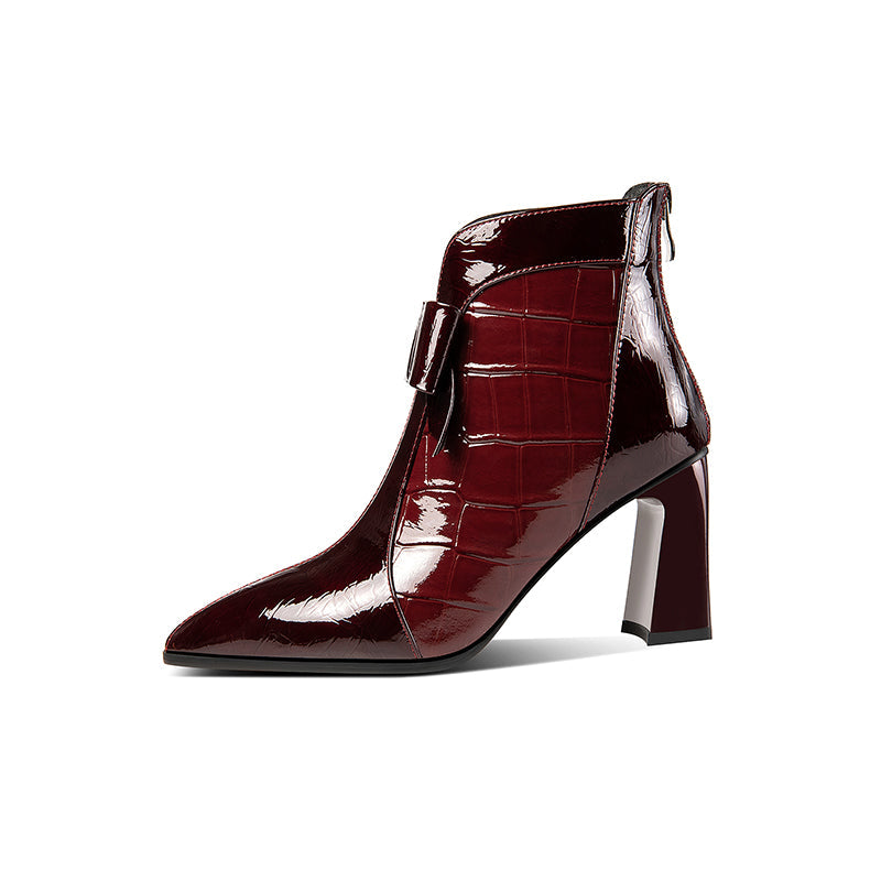 Nine Seven Patent Leather Women's Handmade Pointed Toe High Heel Glossy Bowknot Ankle Booties with Back Zip