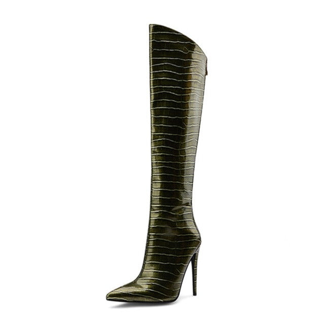 Nine Seven Women's Handmade Microfiber Leather Glossy Pointed Toe High Stiletto Heel Back Zip Stylish Plus-size Customized Circumference Knee High Boots