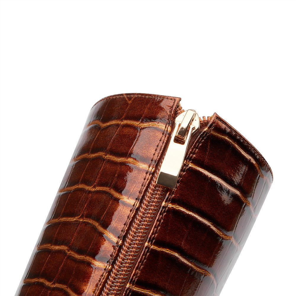 Nine Seven Handmade Women's Glossy Microfiber Leather Pointed Toe Sexy Super High Stiletto Back Zip Knee High Boots