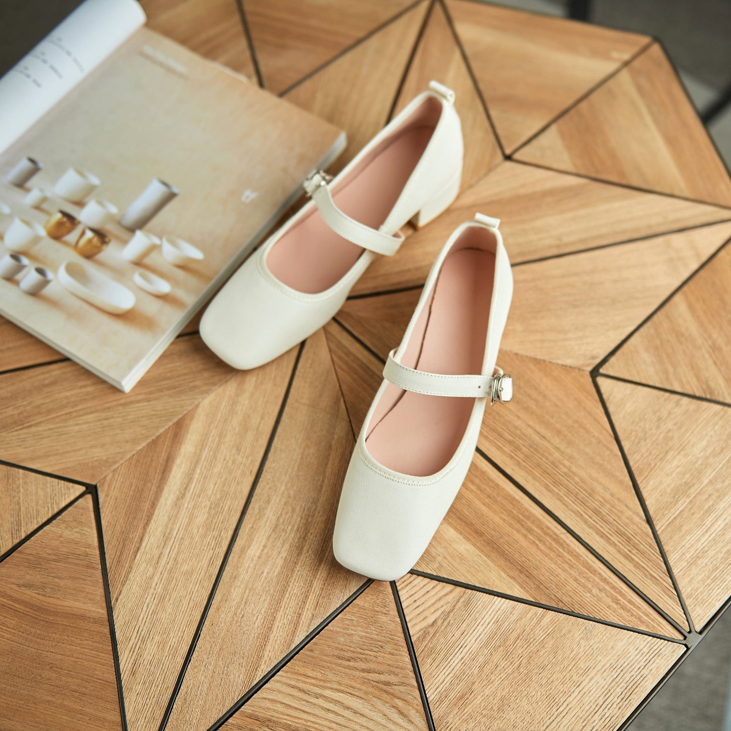 Nine Seven Women's Genuine Leather Square Toe Handmade Buckle Low Chunky Heels Casual Mary Jane Shoes