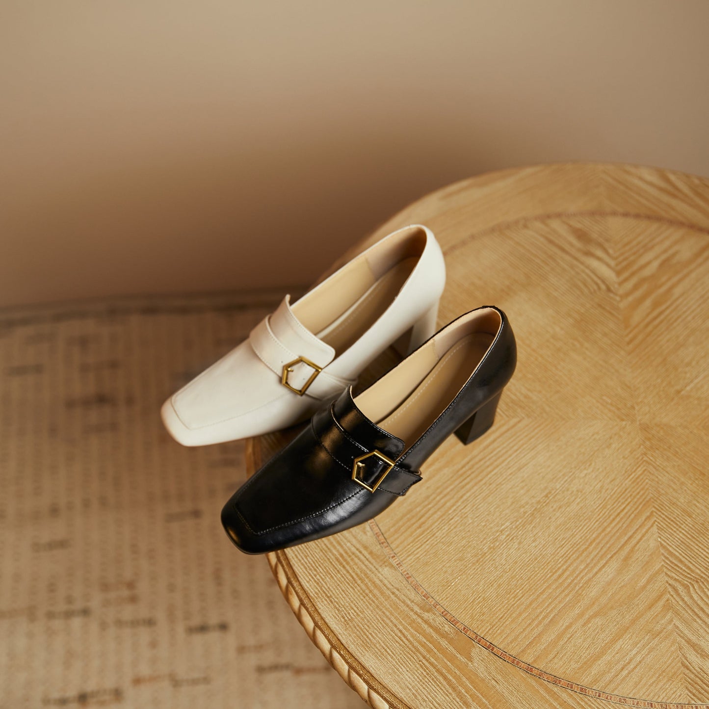 Nine Seven Genuine Leather Women's Handmade Square Toe Mid Block Heel Slip On Graceful Oxford Loafer Pumps with Cool Buckle