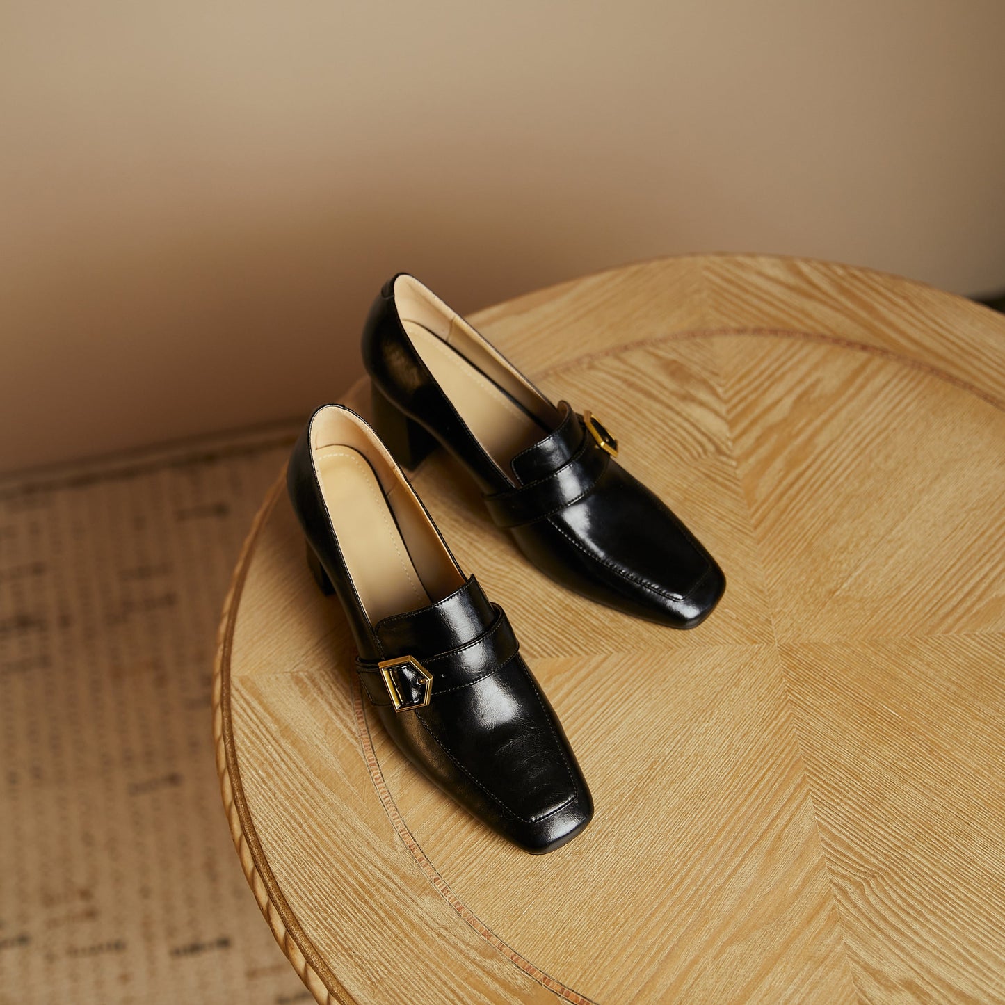 Nine Seven Genuine Leather Women's Handmade Square Toe Mid Block Heel Slip On Graceful Oxford Loafer Pumps with Cool Buckle