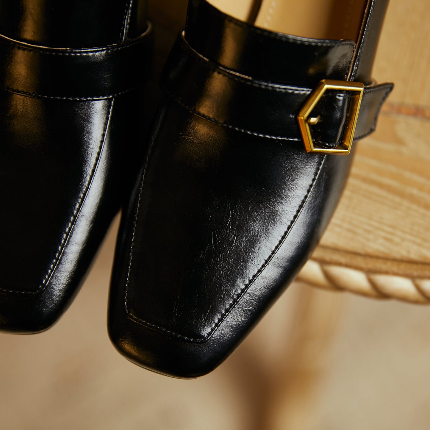 Nine Seven Genuine Leather Women's Handmade Square Toe Mid Block Heel Slip On Graceful Oxford Loafer Pumps with Cool Buckle