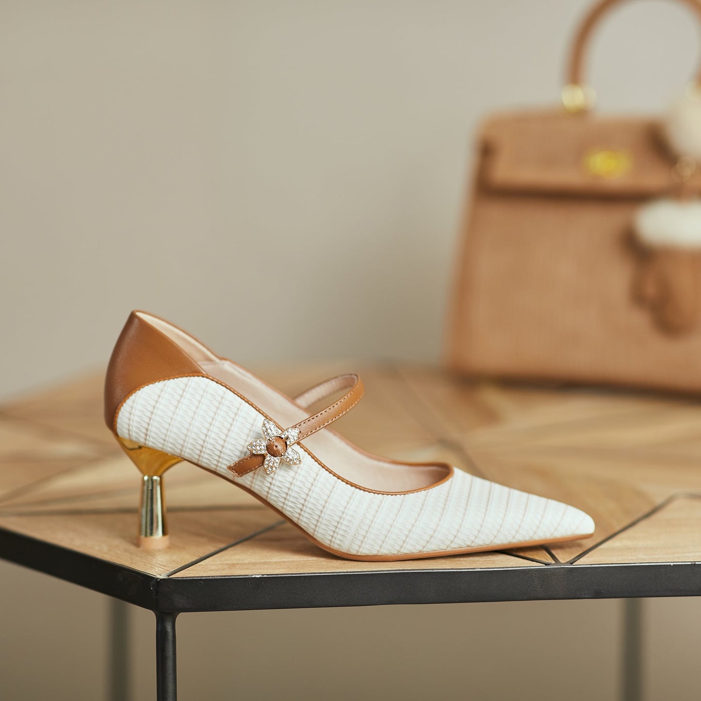 Nine Seven Women's Genuine Letaher Handmade Assorted Colors Pointed Toe Mid Heels Pumps Shoes with Floral Buckle