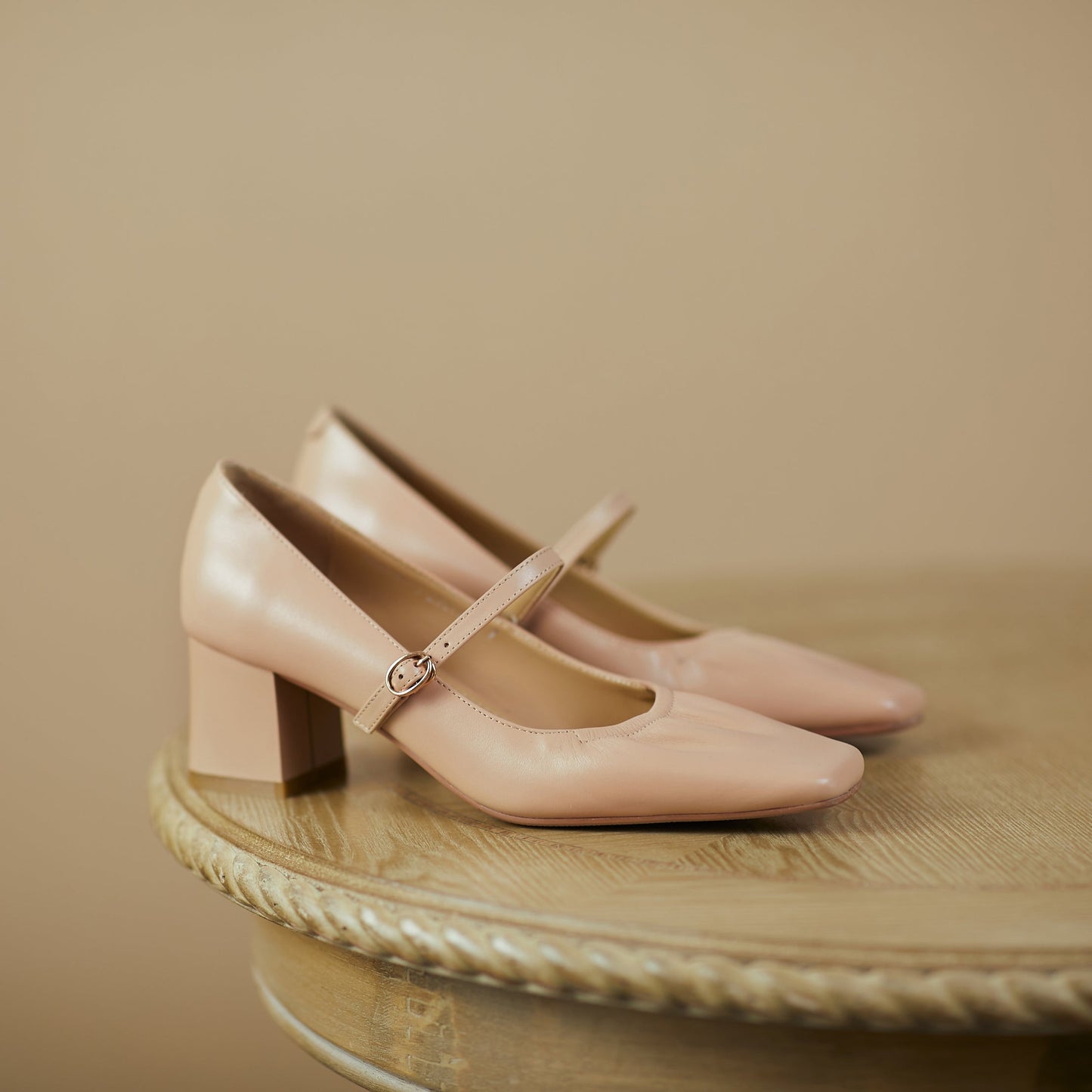 Nine Seven Women's Handmade Genuine Leather Square Toe Mid Block Heel Buckle Closure Creases Mary Jane Pumps