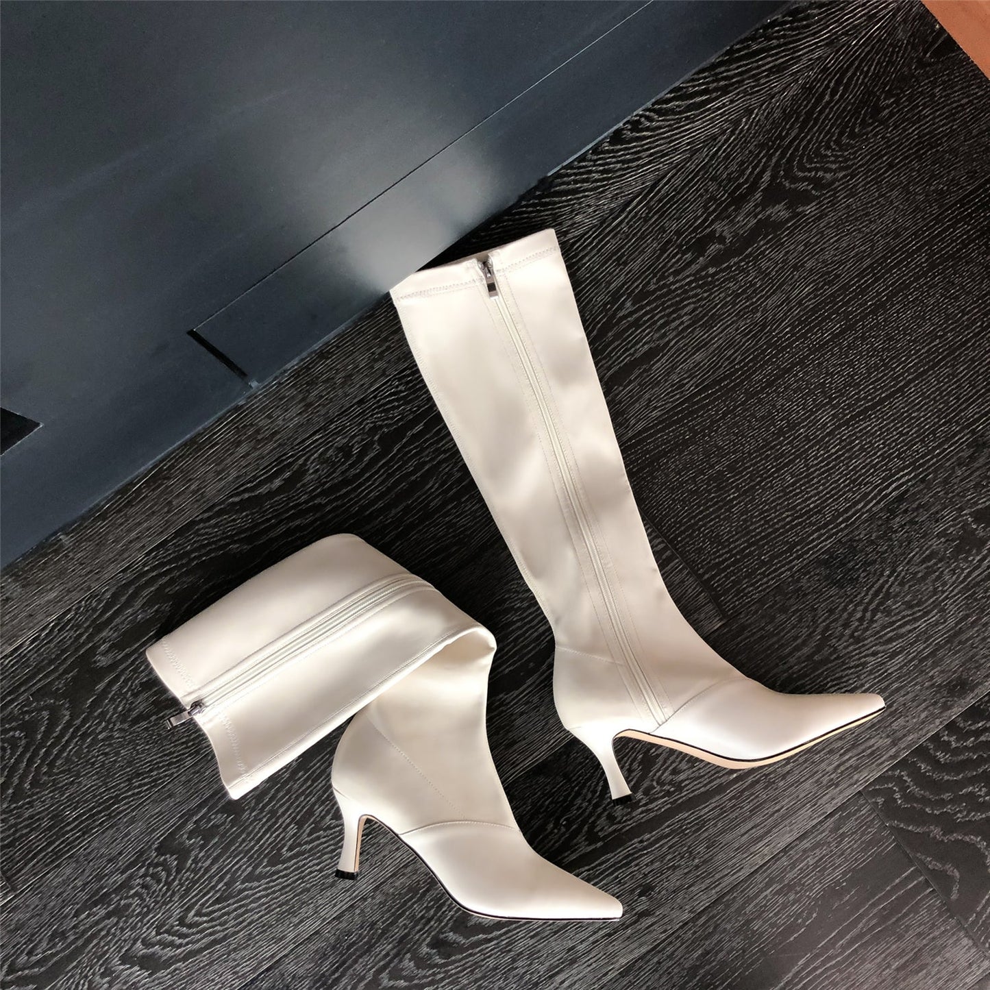 Nine Seven Women's Handmade Genuine Leather with Elastic Fabric Pointed Toe Side Zip Mid Heel Stylish Knee High Boots