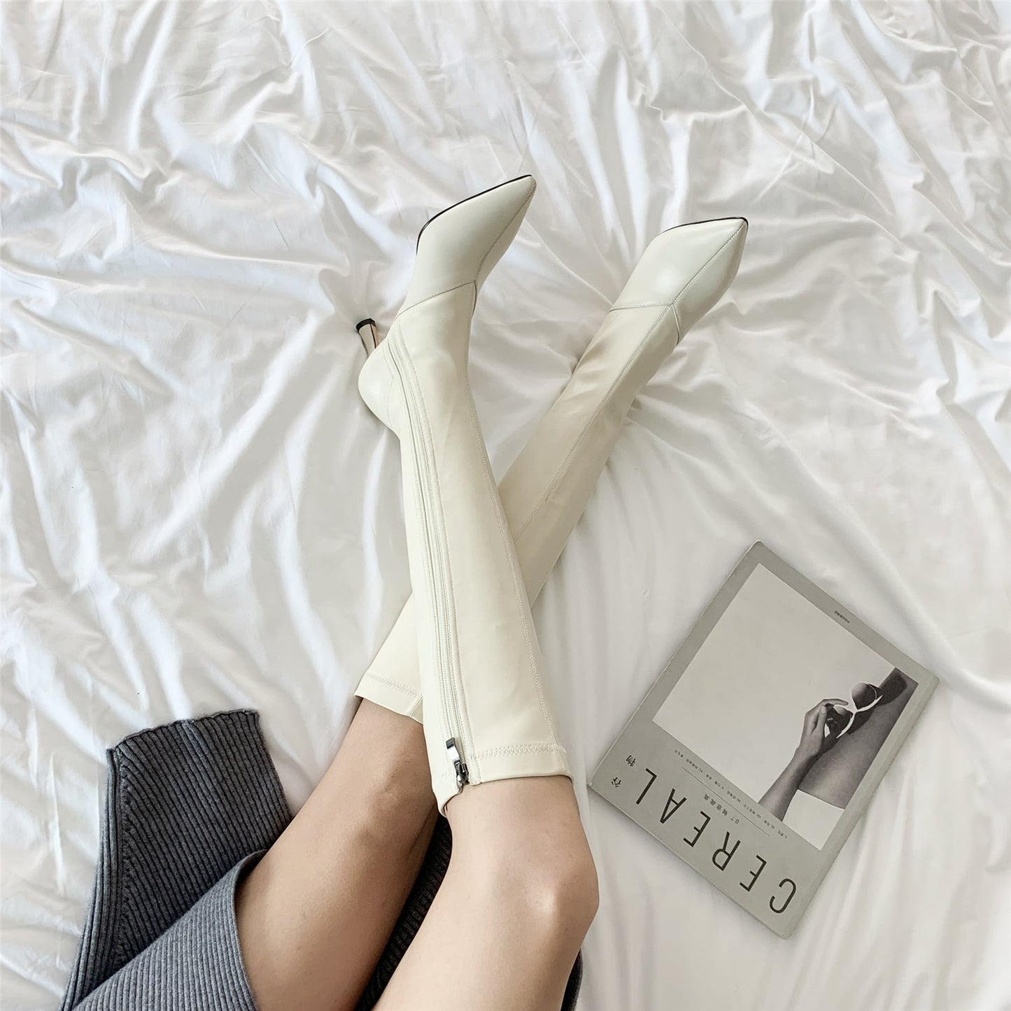 Nine Seven Women's Handmade Genuine Leather with Elastic Fabric Pointed Toe Side Zip Mid Heel Stylish Knee High Boots