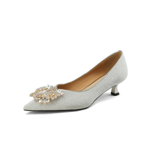 Nine Seven Glitter Rhinestone Pattern Kitten Heel Handmade Women's Pointed Toe Slip On Elegant Bridal Loafer Pumps