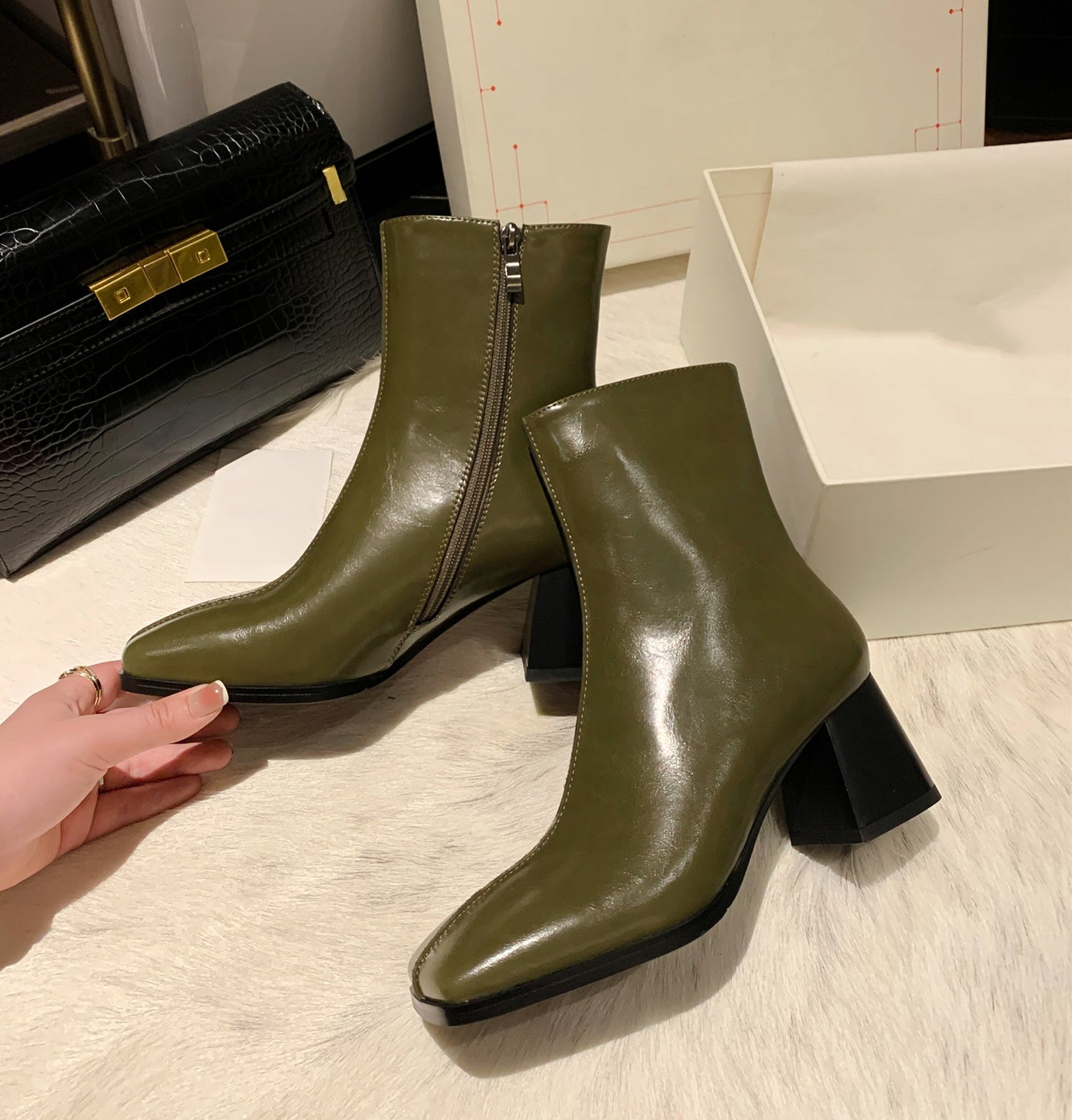 Nine Seven Women's Genuine Leather Square Toe Handmade Zipper Mid Chunky Heels Trendy Mid Calf Boots