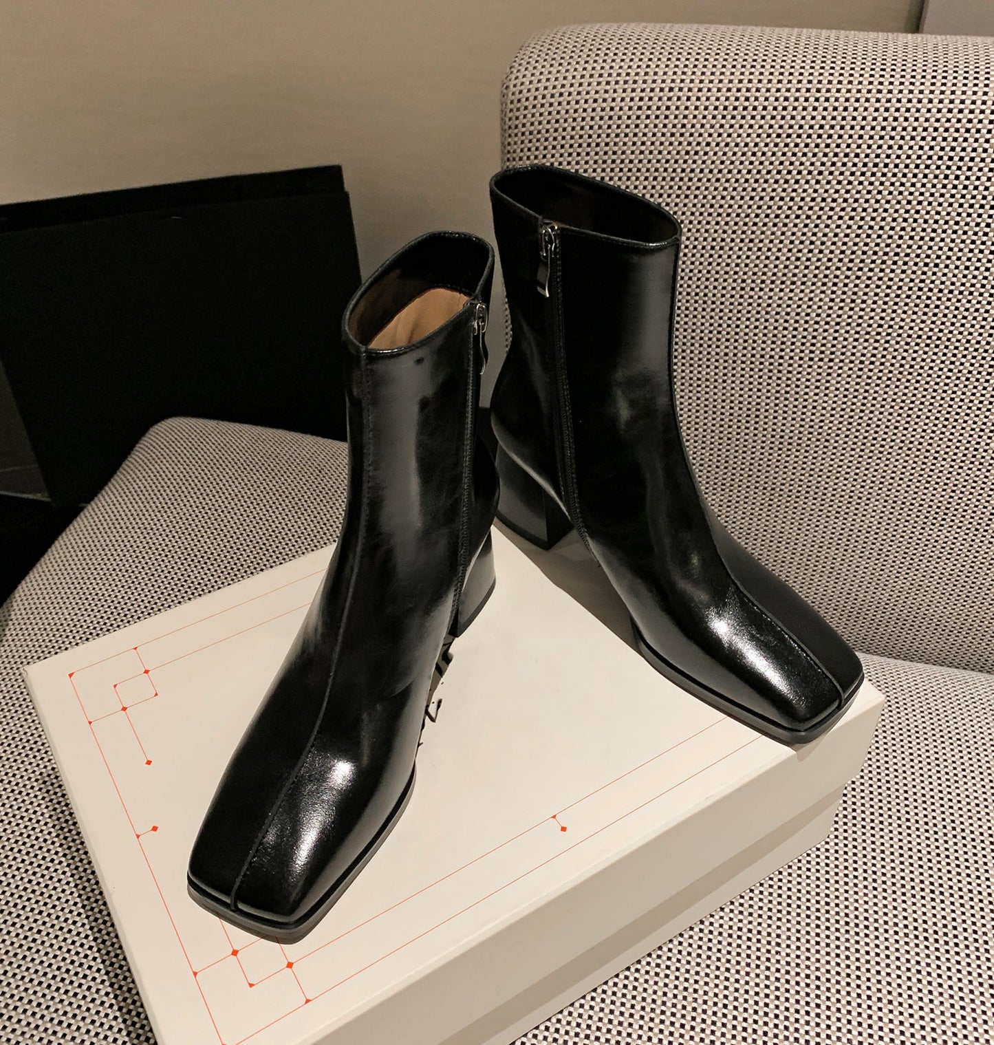 Nine Seven Women's Genuine Leather Square Toe Handmade Zipper Mid Chunky Heels Trendy Mid Calf Boots