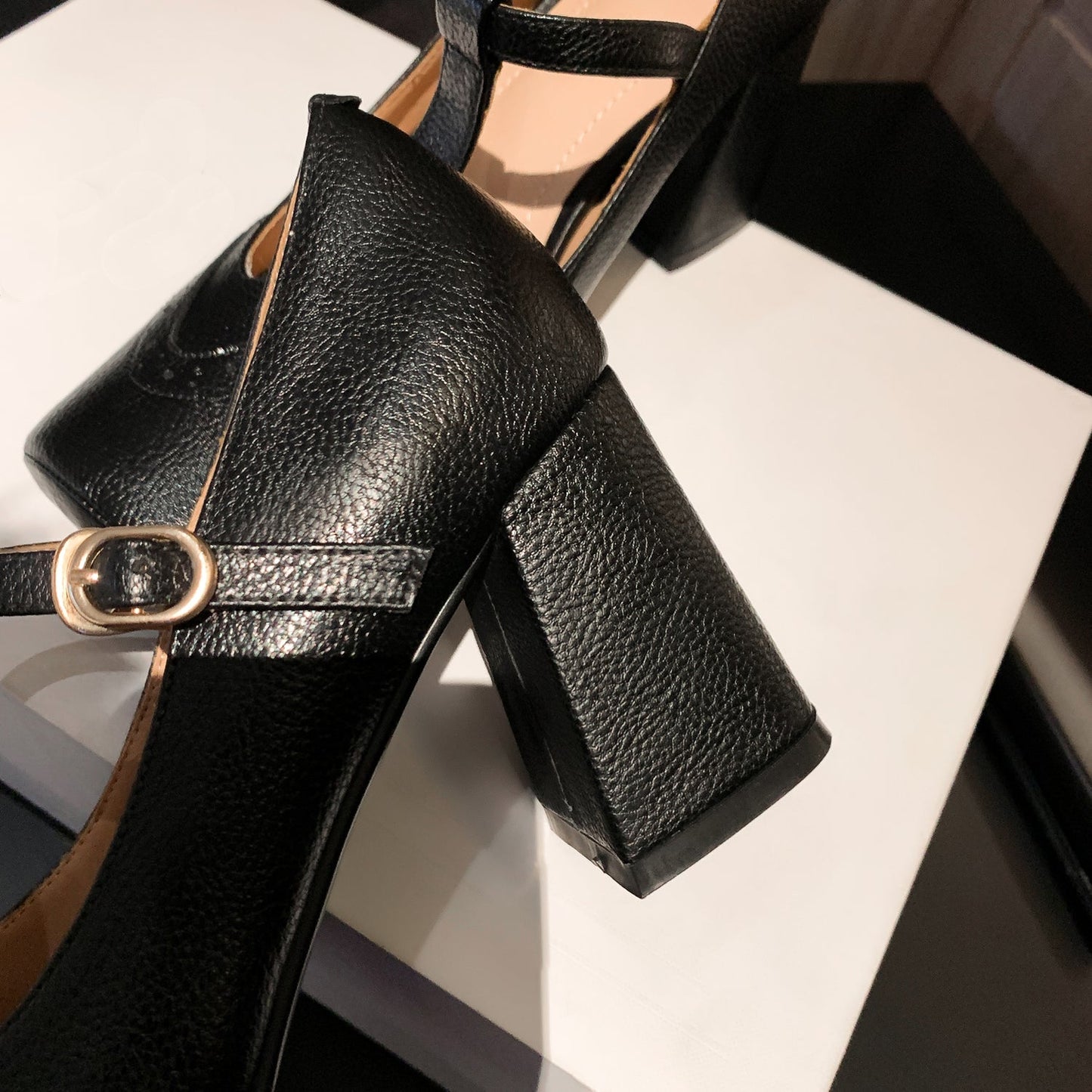 Nine Seven Handmade Women's Genuine Leather T-Strap Buckle Square Toe High Block Heel Mary Janes Pumps Shoes