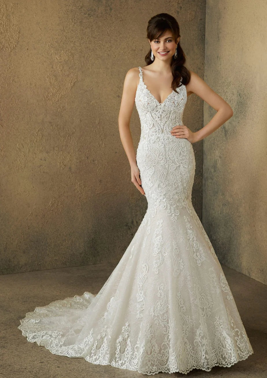 Nine Seven V-Neck Appliques Beads V Back Tulle Mermaid Wedding Dress Customization