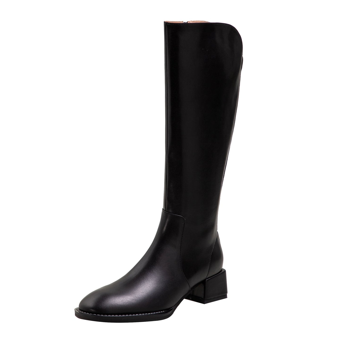 Nine Seven Women's Genuine Leather Handmade Block Heel Side Zip Up Round Toe Knee-High Riding Boots