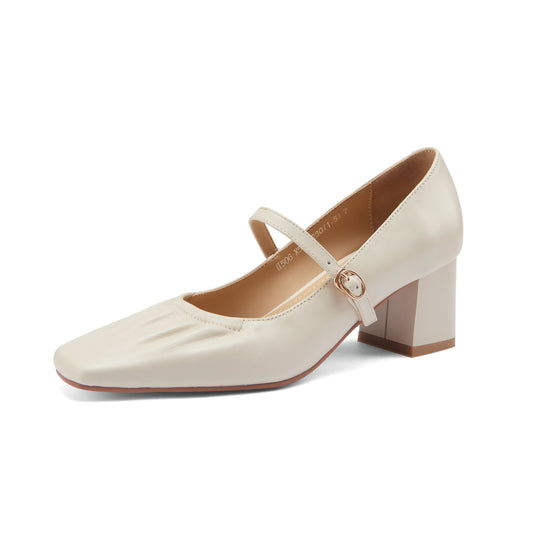 Nine Seven Women's Handmade Genuine Leather Square Toe Mid Block Heel Buckle Closure Creases Mary Jane Pumps