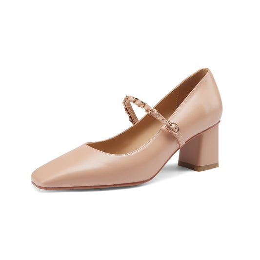 Nine Seven Women's Genuine Leather Handmade Mid Chunky Heel Classic Square Toe Buckle Retro Mary Jane Pump Shoes