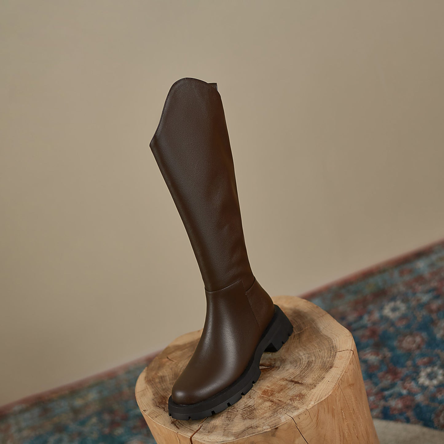 Nine Seven Women's Genuine Leather Round Toe Handmade Platform Side Zipper Chic Irregular Knight Boots