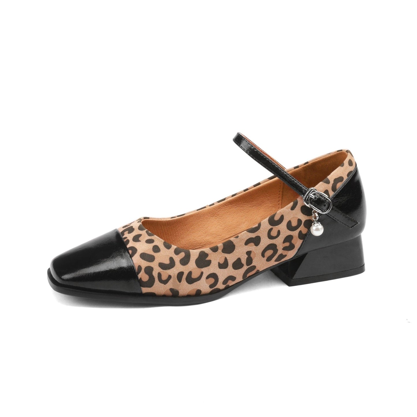 Nine Seven Women's Square Toe Leopard Print Genuine Leather Handmade Low Heel Chic Mary Jane Shoes