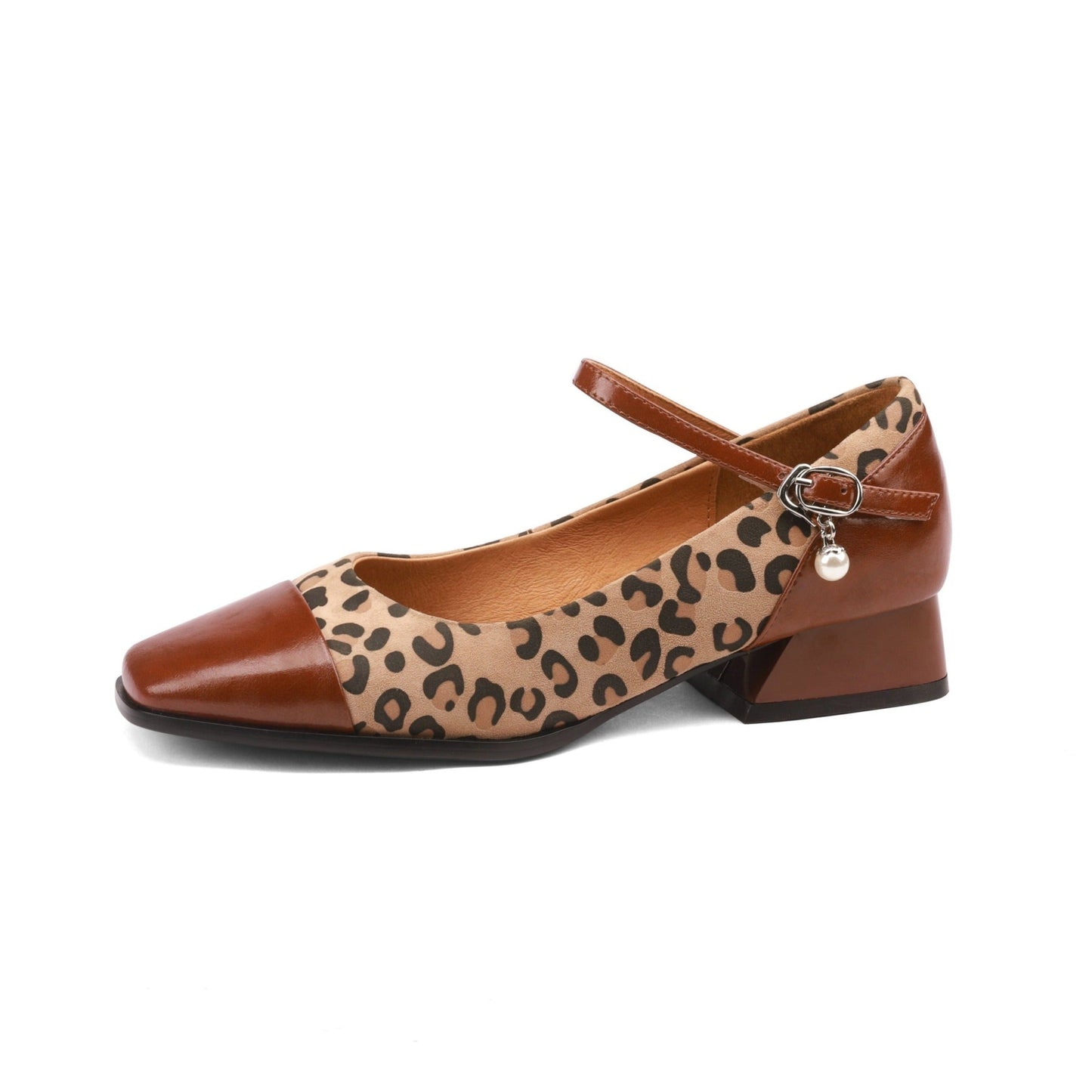 Nine Seven Women's Square Toe Leopard Print Genuine Leather Handmade Low Heel Chic Mary Jane Shoes