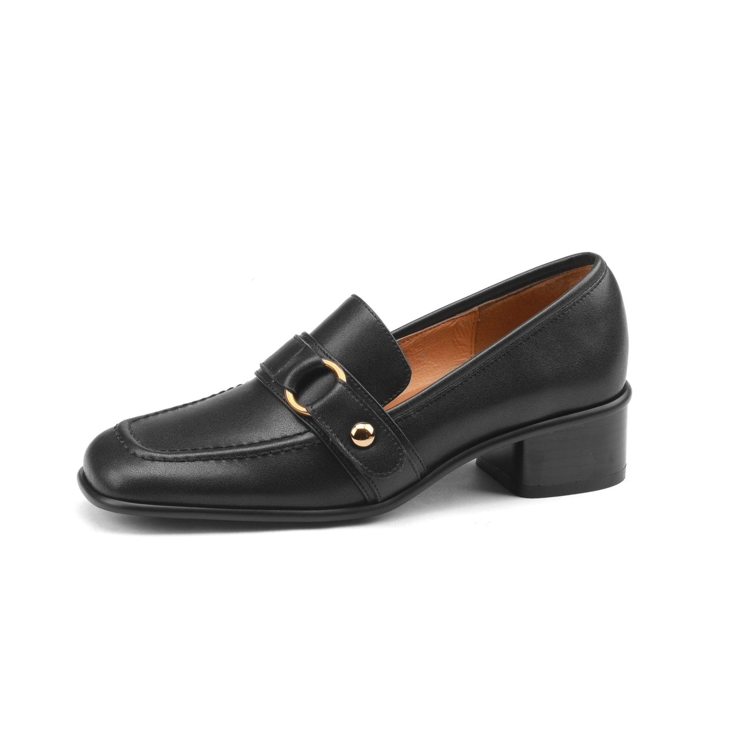 Nine Seven Women's Genuine Leather Square Toe Handmade Metal Buckle Low Chunky Heel Casual Loafers