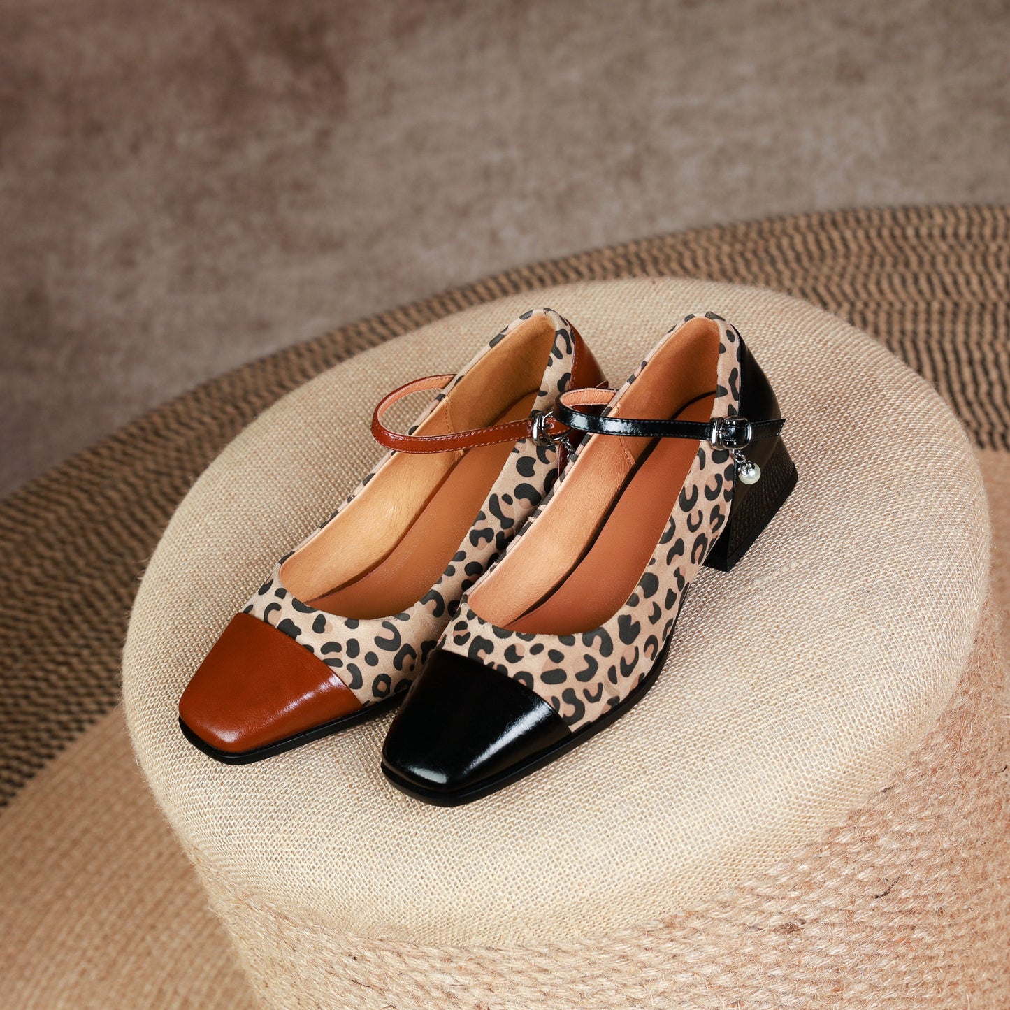 Nine Seven Women's Square Toe Leopard Print Genuine Leather Handmade Low Heel Chic Mary Jane Shoes