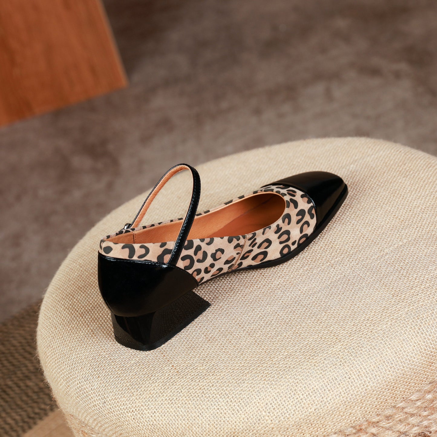 Nine Seven Women's Square Toe Leopard Print Genuine Leather Handmade Low Heel Chic Mary Jane Shoes