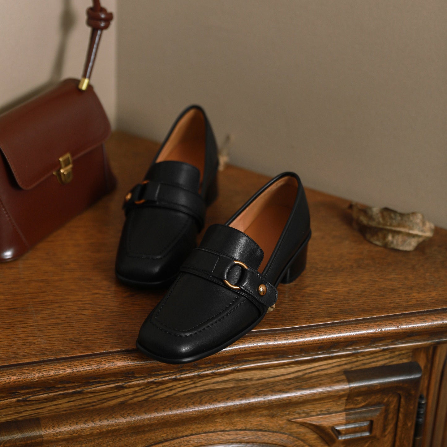 Nine Seven Women's Genuine Leather Square Toe Handmade Metal Buckle Low Chunky Heel Casual Loafers