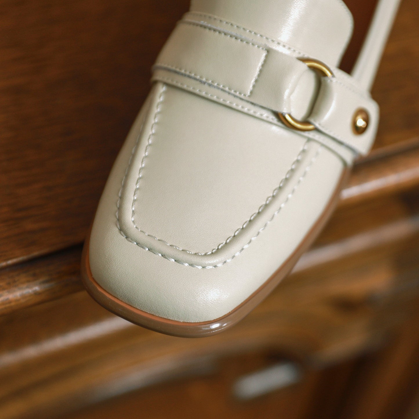 Nine Seven Women's Genuine Leather Square Toe Handmade Metal Buckle Low Chunky Heel Casual Loafers