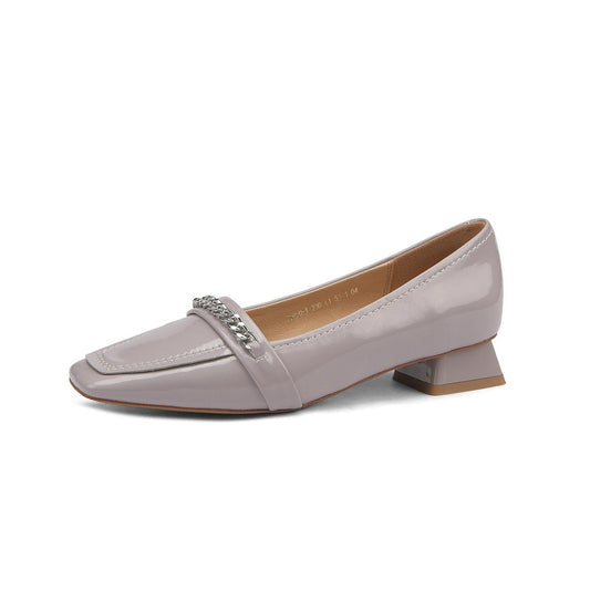 Nine Seven Women's Glossy Patent Leather Handmade Classic Square Toe Block Heel Comfortable Casual Pumps with Chain Decor